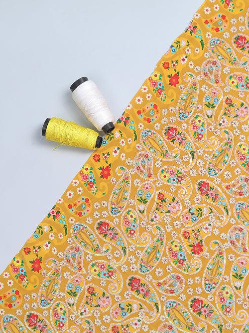 Gold Embroidered Paisley Pattern Yellow Crepe