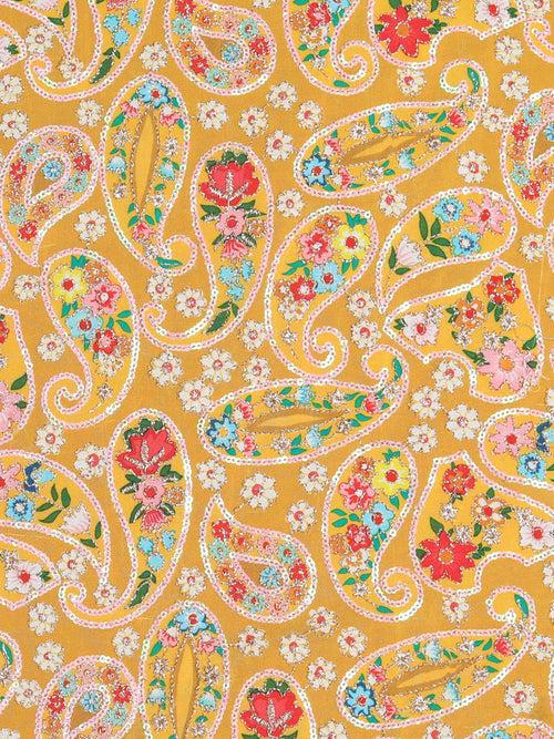 Gold Embroidered Paisley Pattern Yellow Crepe