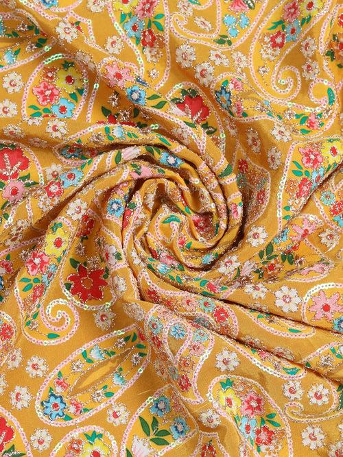 Gold Embroidered Paisley Pattern Yellow Crepe