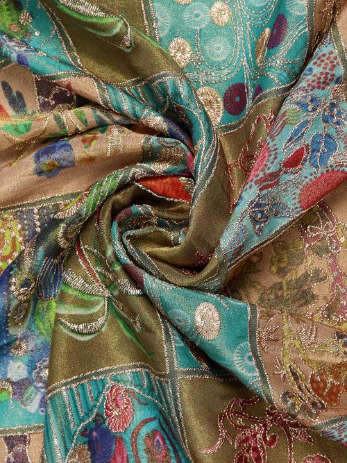 Olive Green Floral Zari Work Fabric