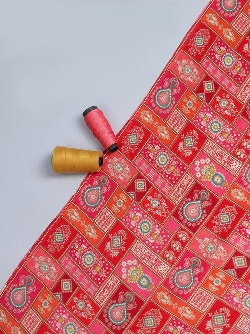 Red Tussar Silk With Checks & Floral Print