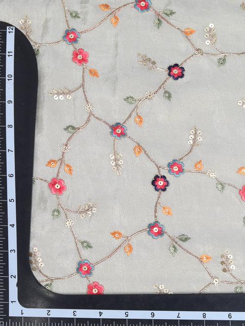 Ivory Tissue Fabric With Multi-Colour Threadwork
