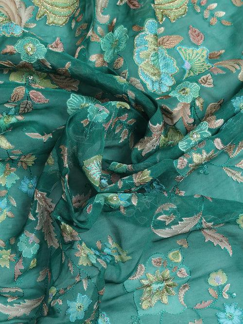 Floral Embroidered Bottle Green Organza Sequence Highlighted