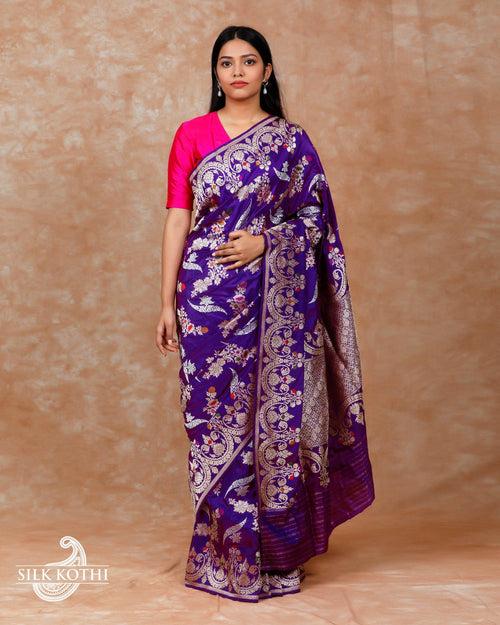 VIOLET KADHWA JANGLA MEENAKARI KATAN SILK BANARASI HANDLOOM SAREE