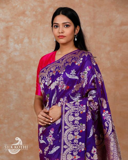 VIOLET KADHWA JANGLA MEENAKARI KATAN SILK BANARASI HANDLOOM SAREE