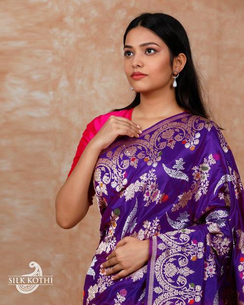 VIOLET KADHWA JANGLA MEENAKARI KATAN SILK BANARASI HANDLOOM SAREE