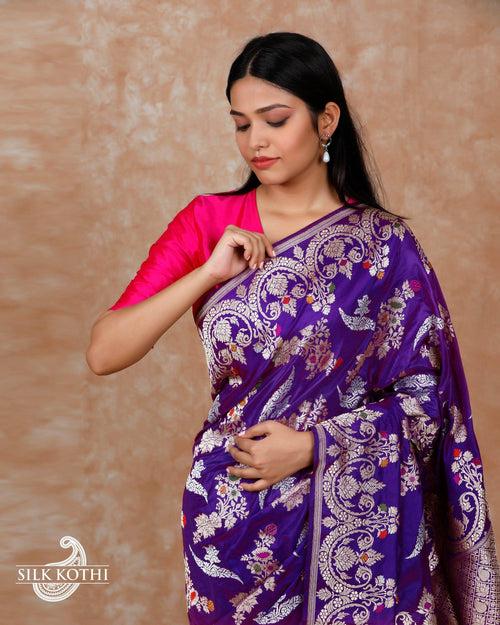 VIOLET KADHWA JANGLA MEENAKARI KATAN SILK BANARASI HANDLOOM SAREE