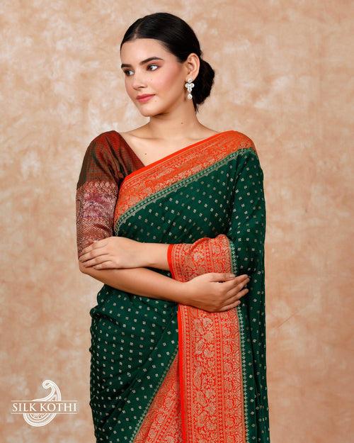 DARK GREEN CREPE GEORGETTE BANARASI HANDLOOM SAREE