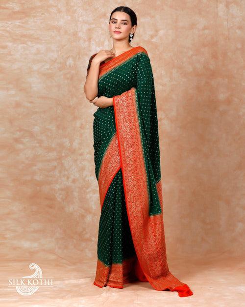 DARK GREEN CREPE GEORGETTE BANARASI HANDLOOM SAREE