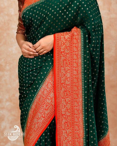 DARK GREEN CREPE GEORGETTE BANARASI HANDLOOM SAREE