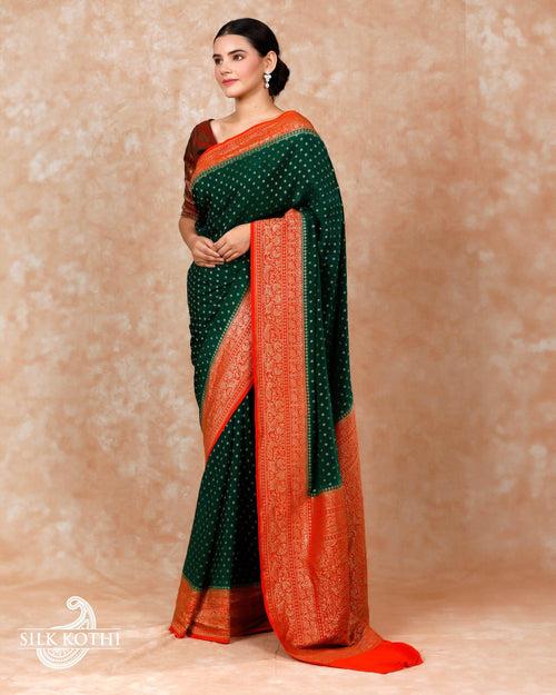 DARK GREEN CREPE GEORGETTE BANARASI HANDLOOM SAREE