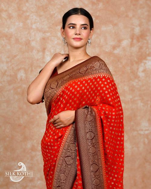 ORANGE KHADDI GEORGETTE BANARASI HANDLOOM SAREE