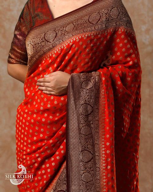 ORANGE KHADDI GEORGETTE BANARASI HANDLOOM SAREE