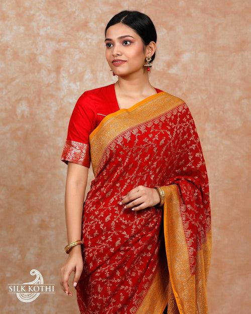 RED KHADDI GEORGETTE BANARASI HANDLOOM SAREE