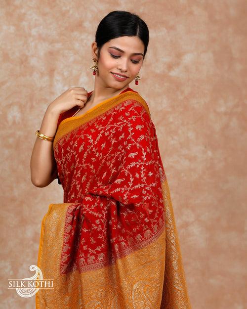 RED KHADDI GEORGETTE BANARASI HANDLOOM SAREE