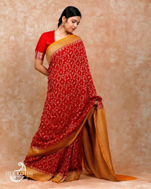 RED KHADDI GEORGETTE BANARASI HANDLOOM SAREE