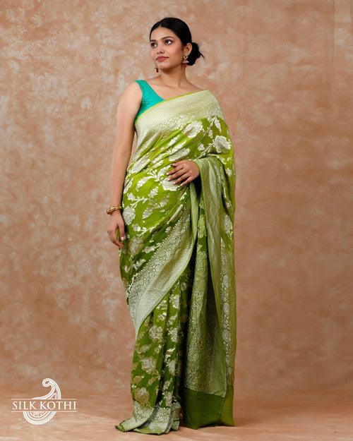 LIME GREEN SHADED KHADDI GEORGETTE BANARASI HANDLOOM SAREE