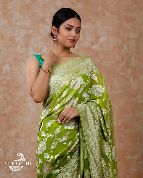 LIME GREEN SHADED KHADDI GEORGETTE BANARASI HANDLOOM SAREE