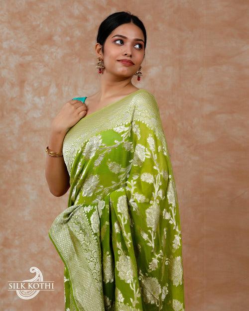 LIME GREEN SHADED KHADDI GEORGETTE BANARASI HANDLOOM SAREE