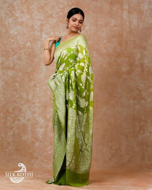 LIME GREEN SHADED KHADDI GEORGETTE BANARASI HANDLOOM SAREE