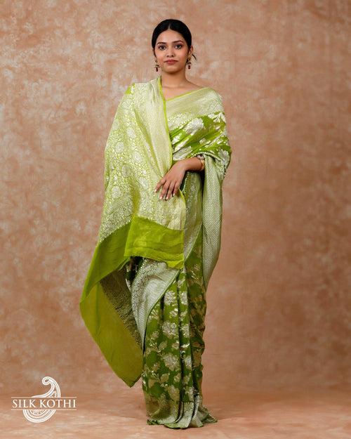 LIME GREEN SHADED KHADDI GEORGETTE BANARASI HANDLOOM SAREE