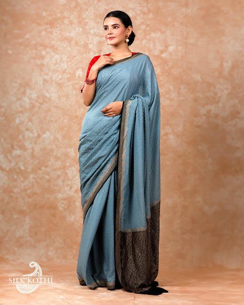 STEEL BLUE CREPE GEORGETTE BANARASI HANDLOOM SAREE