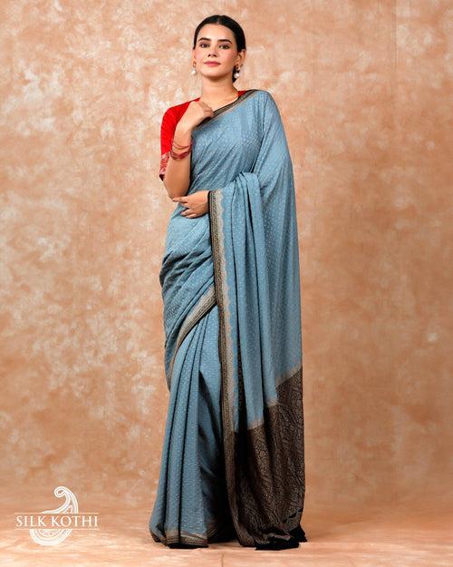 STEEL BLUE CREPE GEORGETTE BANARASI HANDLOOM SAREE