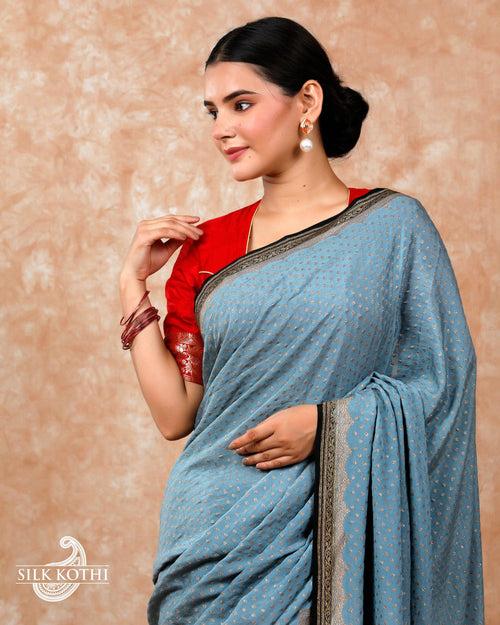 STEEL BLUE CREPE GEORGETTE BANARASI HANDLOOM SAREE