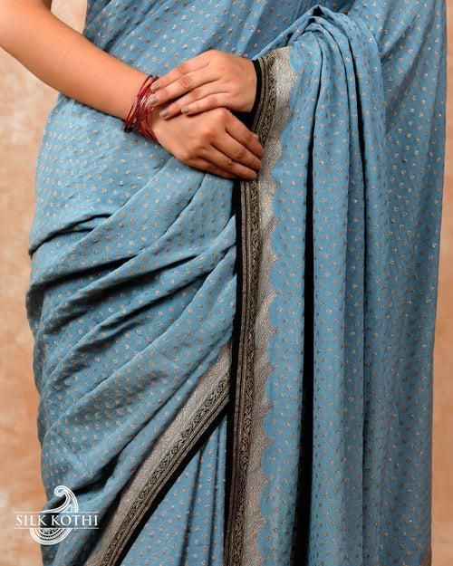 STEEL BLUE CREPE GEORGETTE BANARASI HANDLOOM SAREE