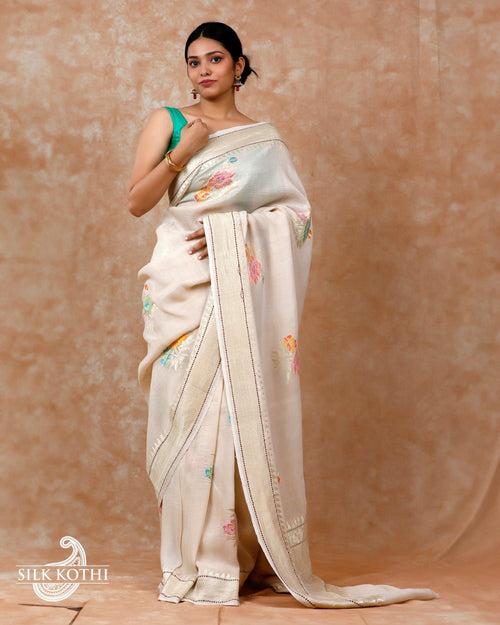 IVORY CREAM KADHWA MEENA BUTA TUSSAR GEORGETTE BANARASI HANDLOOM SAREE