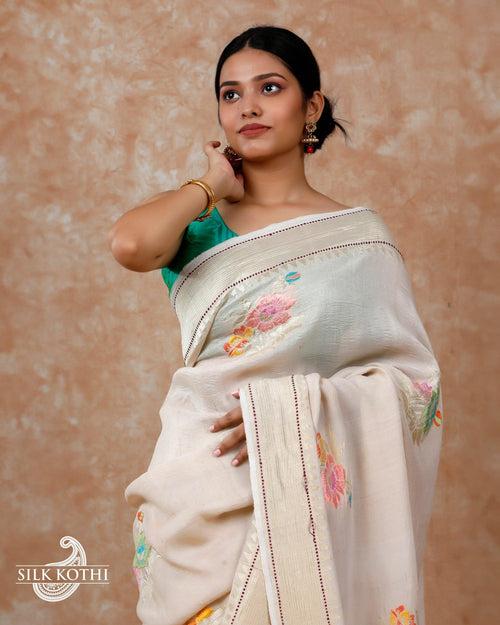 IVORY CREAM KADHWA MEENA BUTA TUSSAR GEORGETTE BANARASI HANDLOOM SAREE