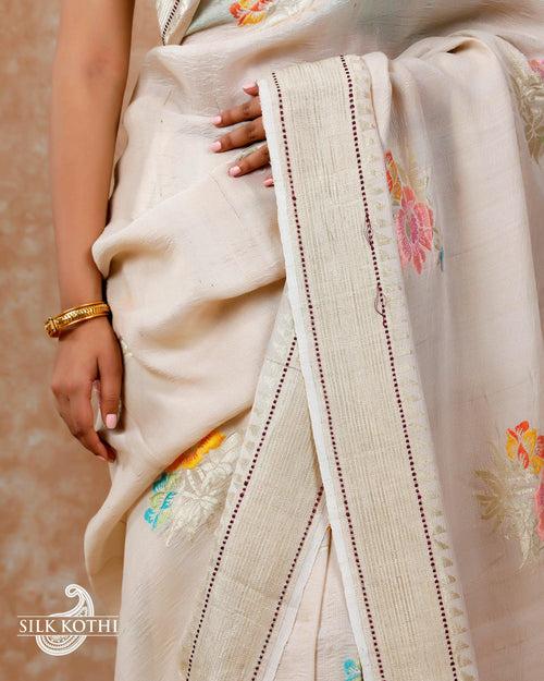 IVORY CREAM KADHWA MEENA BUTA TUSSAR GEORGETTE BANARASI HANDLOOM SAREE