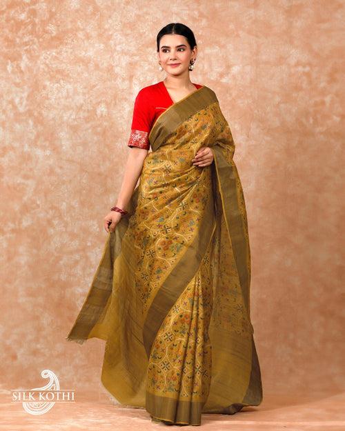 SAND YELLOW PRINTED TUSSAR SILK BANARASI HANDLOOM SAREE