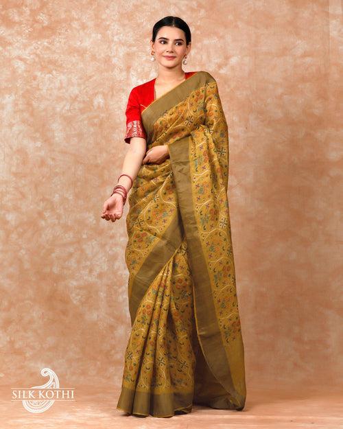 SAND YELLOW PRINTED TUSSAR SILK BANARASI HANDLOOM SAREE