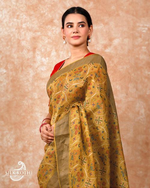 SAND YELLOW PRINTED TUSSAR SILK BANARASI HANDLOOM SAREE