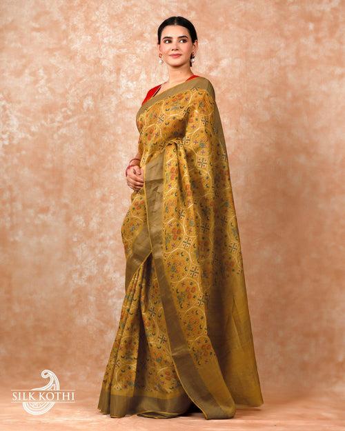 SAND YELLOW PRINTED TUSSAR SILK BANARASI HANDLOOM SAREE