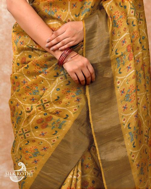 SAND YELLOW PRINTED TUSSAR SILK BANARASI HANDLOOM SAREE