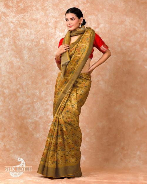 SAND YELLOW PRINTED TUSSAR SILK BANARASI HANDLOOM SAREE