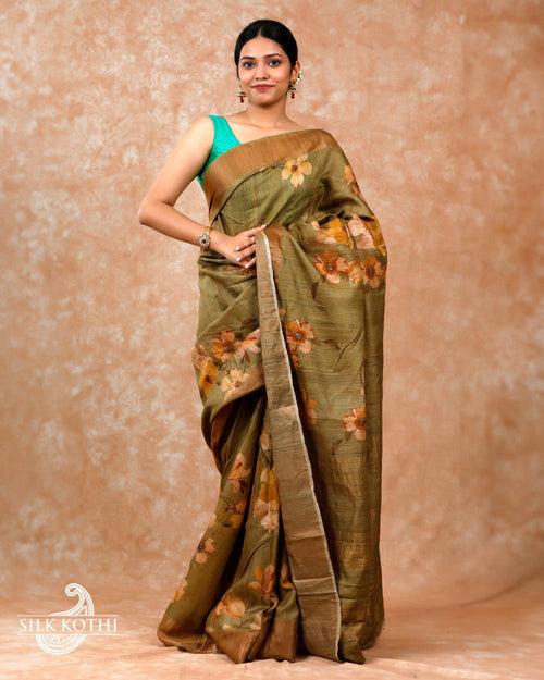 OLIVE GREEN FLORAL PRINTED TUSSAR SILK BANARASI HANDLOOM SAREE