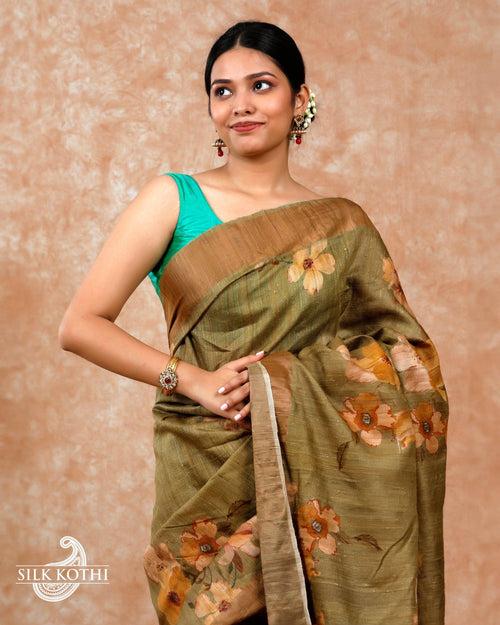 OLIVE GREEN FLORAL PRINTED TUSSAR SILK BANARASI HANDLOOM SAREE