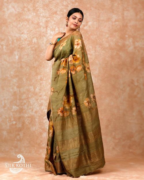 OLIVE GREEN FLORAL PRINTED TUSSAR SILK BANARASI HANDLOOM SAREE