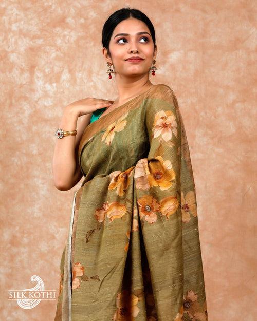 OLIVE GREEN FLORAL PRINTED TUSSAR SILK BANARASI HANDLOOM SAREE