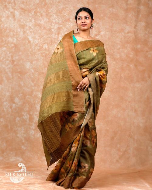 OLIVE GREEN FLORAL PRINTED TUSSAR SILK BANARASI HANDLOOM SAREE