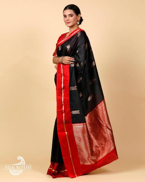 BLACK KADHWA MEENA BUTA TUSSAR SILK BANARASI HANDLOOM SAREE