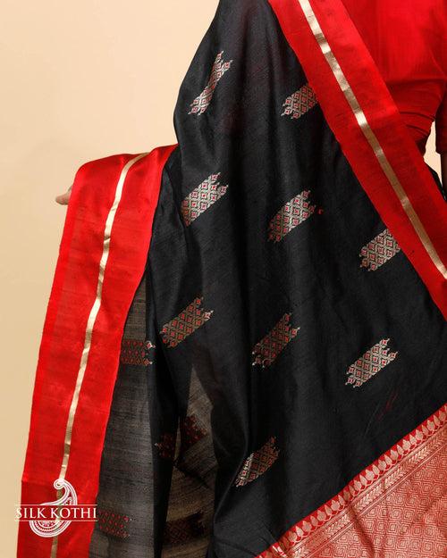 BLACK KADHWA MEENA BUTA TUSSAR SILK BANARASI HANDLOOM SAREE