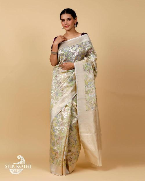 CREAM KORA ORGANZA MEENAKARI JAAL BANARASI HANDLOOM SAREE