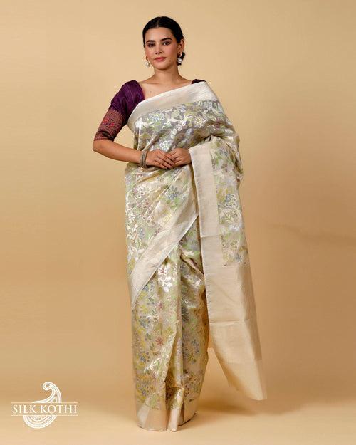 CREAM KORA ORGANZA MEENAKARI JAAL BANARASI HANDLOOM SAREE