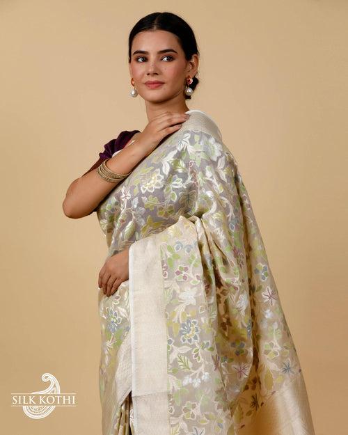 CREAM KORA ORGANZA MEENAKARI JAAL BANARASI HANDLOOM SAREE