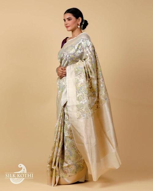 CREAM KORA ORGANZA MEENAKARI JAAL BANARASI HANDLOOM SAREE