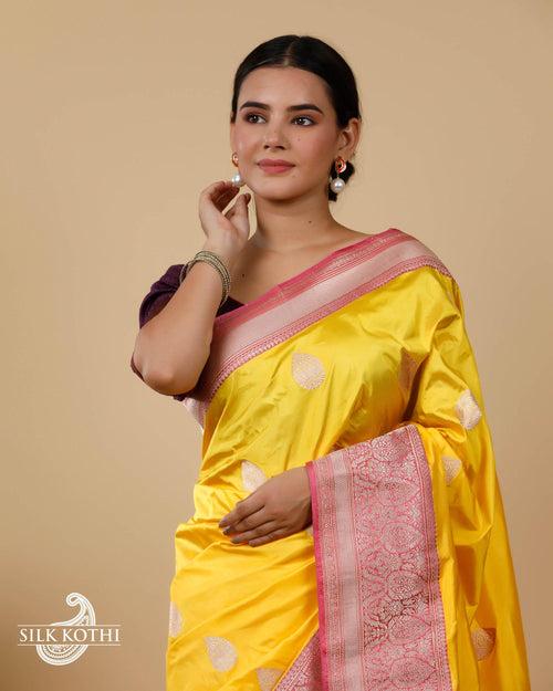 YELLOW KADHWA KATAN SILK BANARASI HANDLOOM SAREE